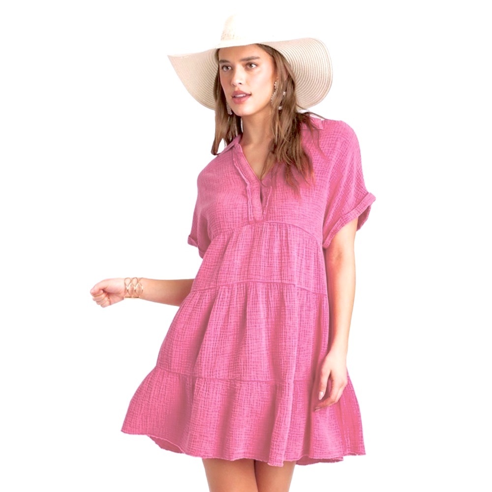 Umgee Women’s L Pink Cotton Mineral Washed Textured Baby Doll Mini Dress